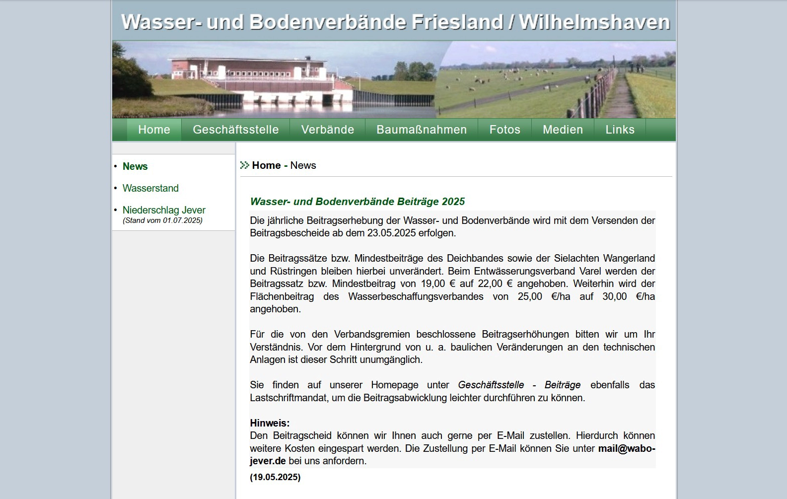Alter Stand der Website der Wasser- und Bodenverbände